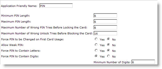 Section of Configure PIN application dialog box displaying fields that have been completed for the PIN application